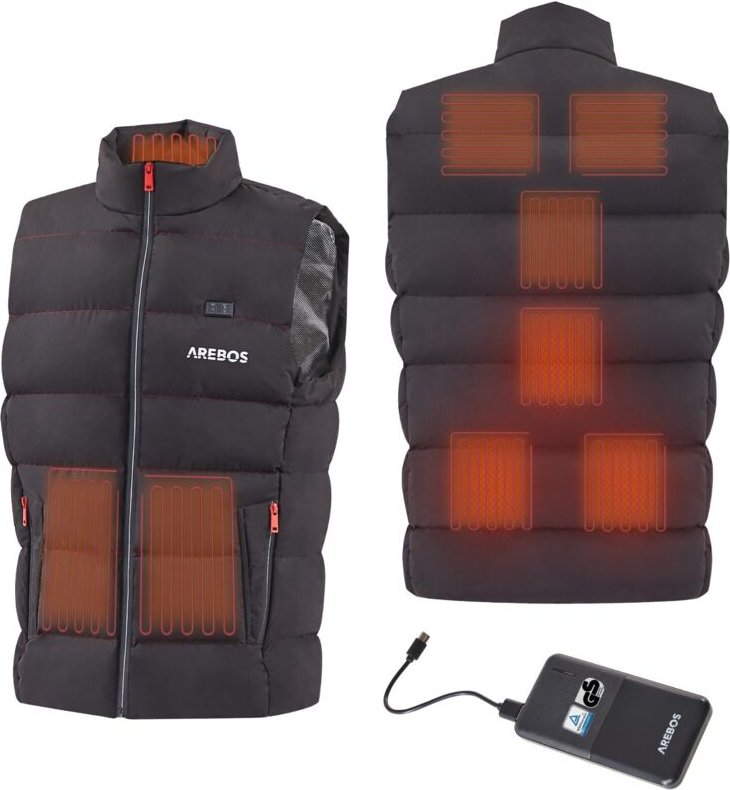 Arebos - Akku Thermoweste Beheizbare Weste Herren Damen 9 Heizzonen & 3 Heizstufen inkl. Powerbank 10000 mAh t�v gepr�ft...