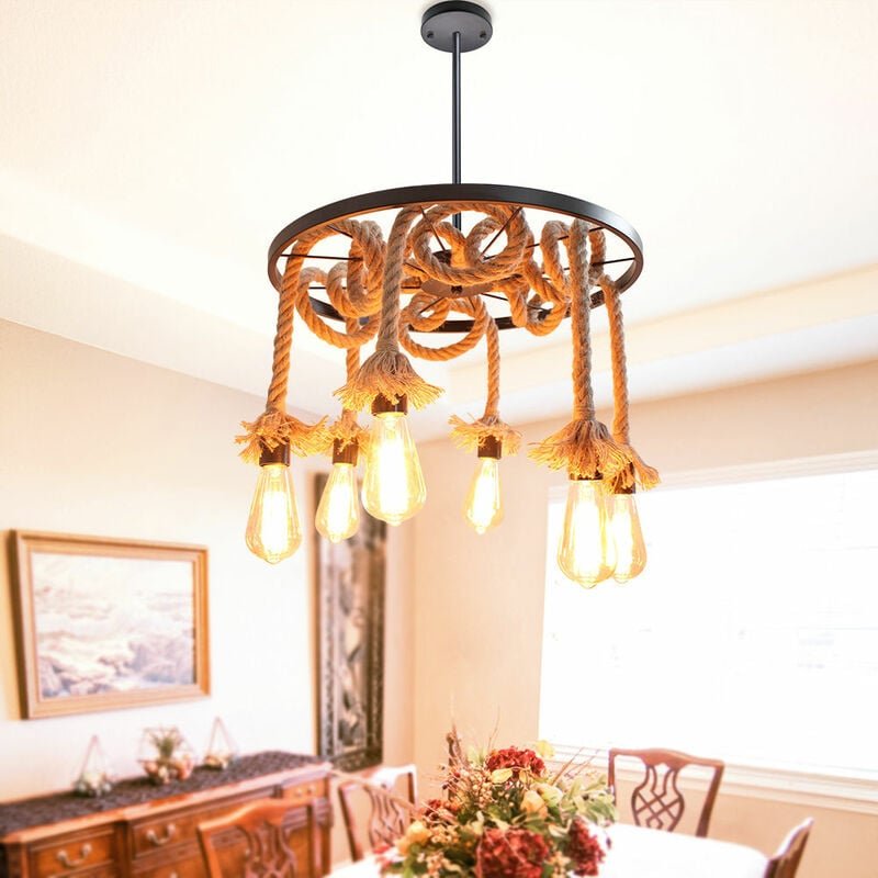 Pendelleuchte Hanfseil, Hängelampe im Retro Look, Vintage Wagenrad Form Kronleuchter mit E27 Fassung für Wohnzimmer Essz...