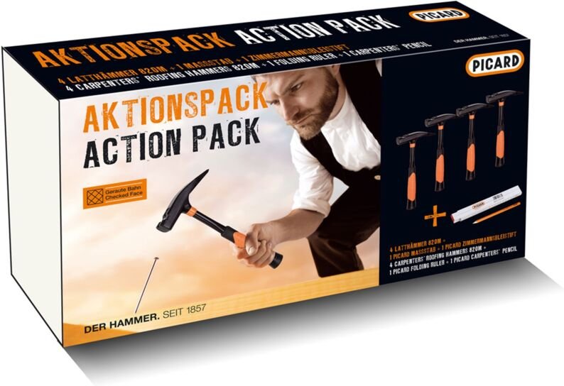 Aktionspack 4 x Latthammer 820M geraut + 1x Zollstock und 1 x Zimmermannsbleistift - Picard