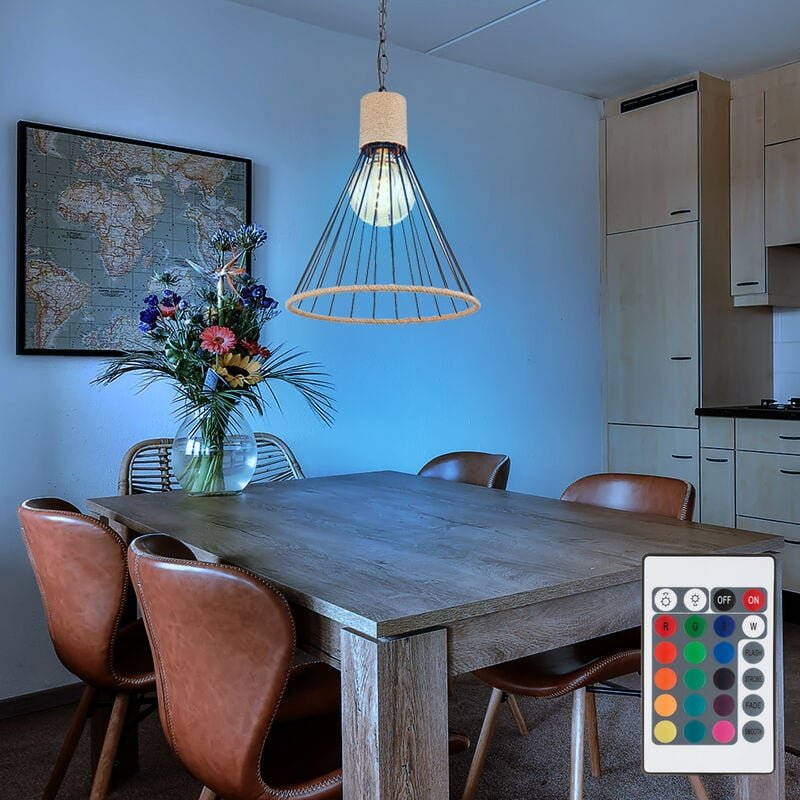 Pendellampe Hanfseil Hängeleuchte Kette Esszimmer Pendelleuchte im Käfig Design, schwarz, Fernbedienung dimmbar, rgb led...