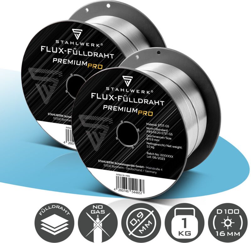 STAHLWERK Fülldraht 2er Set FLUX E71T-GS 0,9 mm 1 kg Drahtrolle D100 MIG MAG
