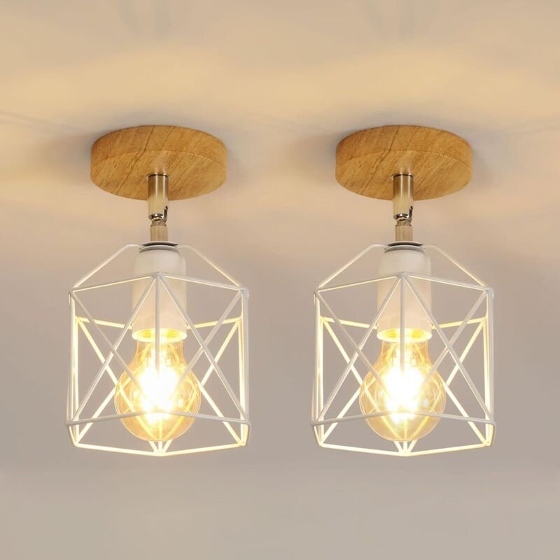 GOECO Set mit 2 Pendel-/Deckenleuchten aus Metall und Holz, weiße Schirme, Käfigdesign, Ø 14 cm (Leuchtmittel nicht enth...