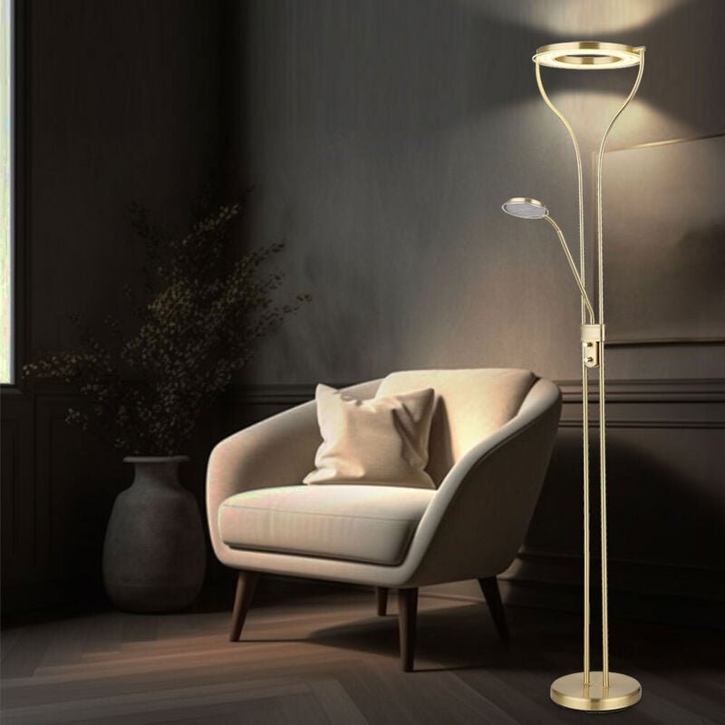 Stehleuchte Stehlampe Deckenfluter Wohnzimmerleuchte Schlafzimmerlampe, dimmbar, flexibler Lesespot, messingfarben matt ...