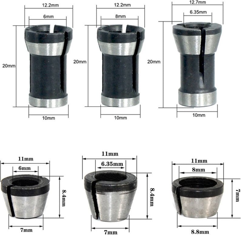 6 Stück hochpräzise Oberfräsenfutter aus Stahl – 6 mm, 6,35 mm, 8 mm