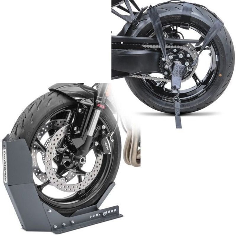 Block Rad Easy-Fix Vorderradständer 21 Zoll grau + Motorrad-Rückrad-Sicherungsriemen für den Transport schwarz