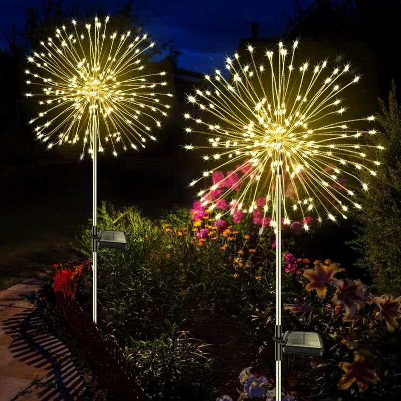 Thumbnail - Crediri 2er-Pack Solarleuchten für den Garten im Freien, 120 LED-Solar-Feuerwerkslichter, 8 Modi, wasserdichte Löwenzahn...