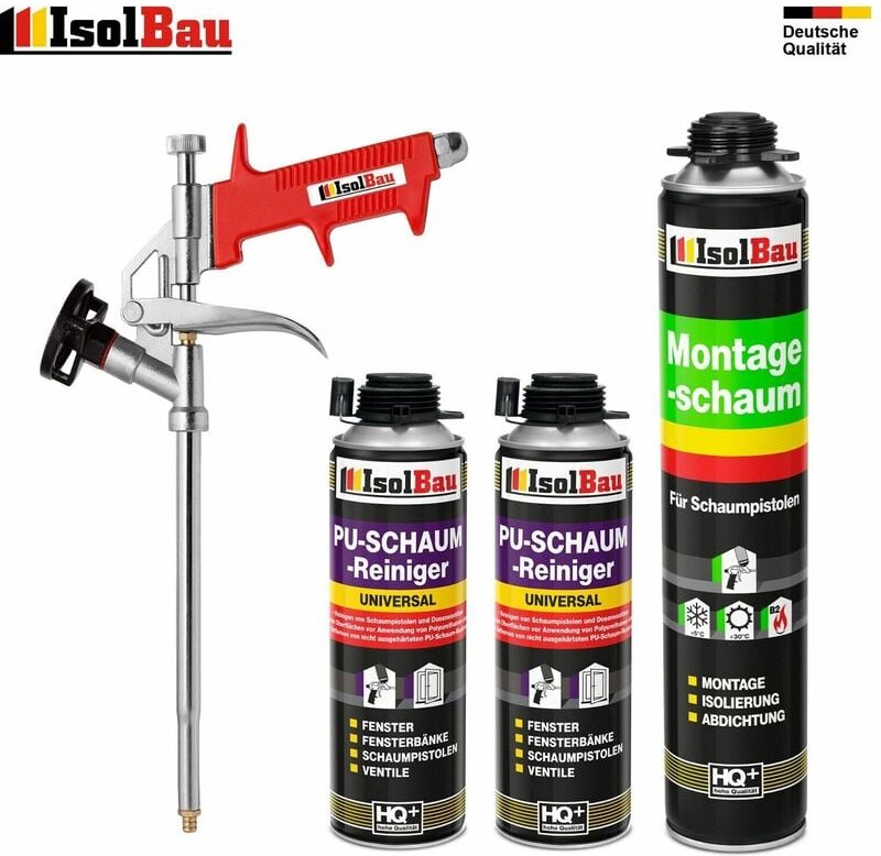 Isolbau - Pistolenschaum 1 x 750 ml + 1 Metall Schaumpistole + 2 Reiniger Montageschaum