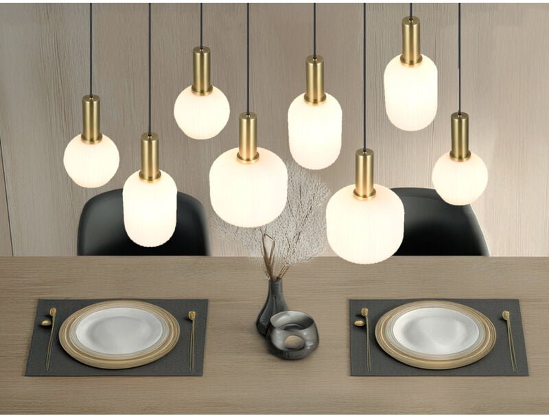 Trio - Retro Pendelleuchte diva 8-flammig mit Glasschirmen in Weiß, Breite 120cm