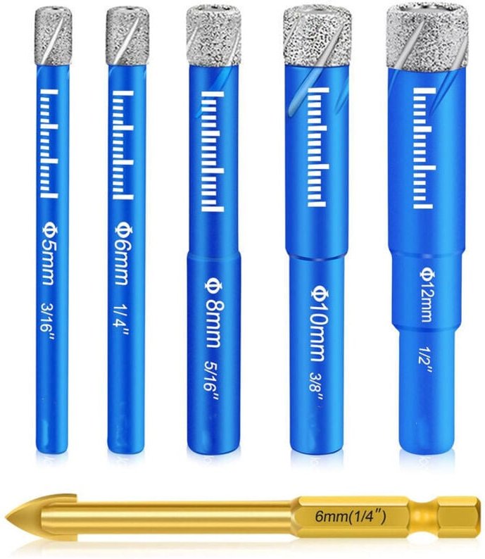 6 Stück Diamant-Fliesenbohrer, Steinzeug-Diamantbohrer mit 5,6,8,10,12 mm, Metall für 6 mm Fliesen, Fliesenbohrer für Ke...