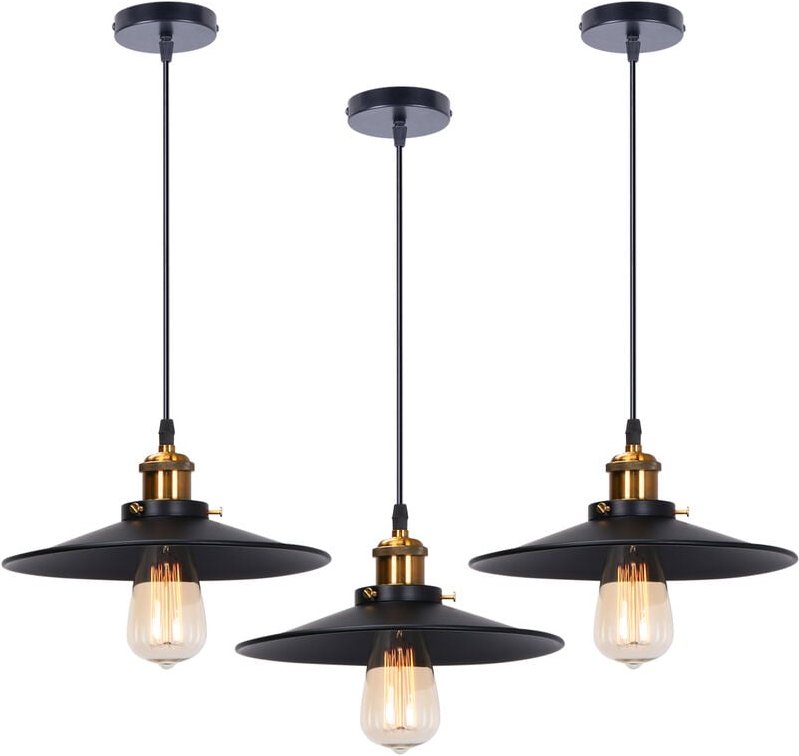 3er Pendelleuchte Schwarz Hängelampe mit Ø26cm Lampenschirm Kronleuchter Art Edison Lampe E27 Fassung für Loft Wohnzimme...
