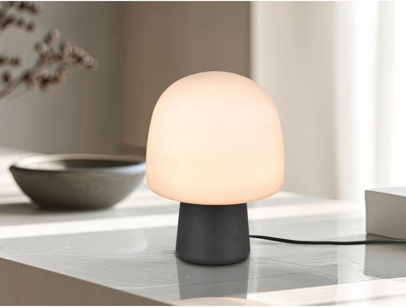 Led Tischleuchte mit Glasschirm & Metallfuß Schwarz, Höhe 27cm