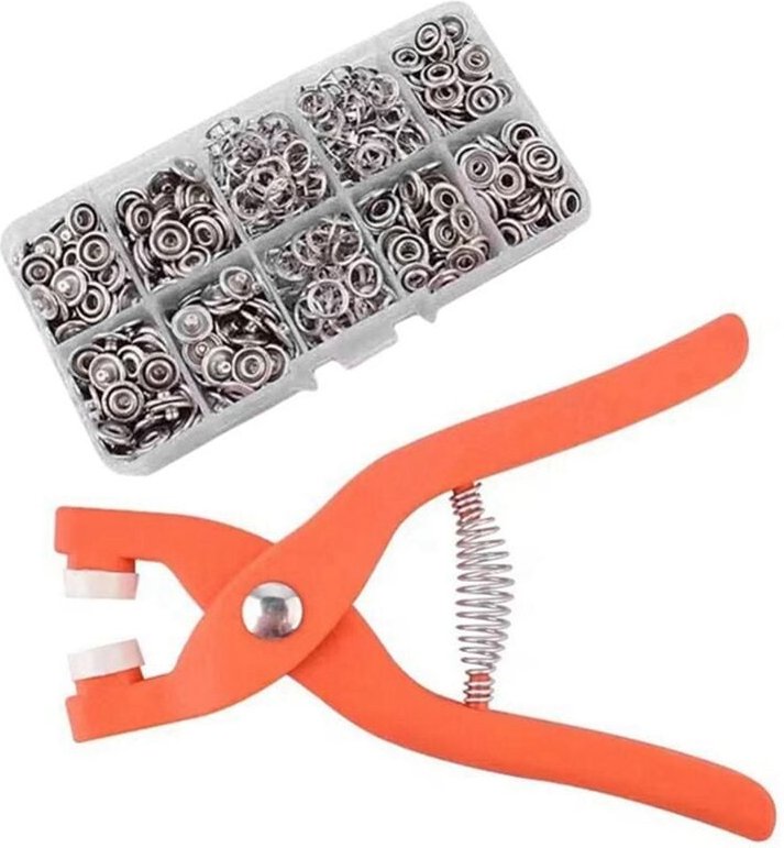 Das Zangenset mit fünf Klauenwerkzeugen zum Anbringen von Knöpfen ohne Nähen ist für Heimwerkerarbeiten geeignet.