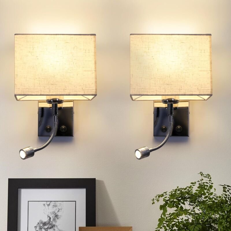 Wandleuchte Innen Wandlampe Schlafzimmer -2ER Gbly Wandstrahler led Leselampe 360°Schwenkbar Quadratisches Stoffschirm D...
