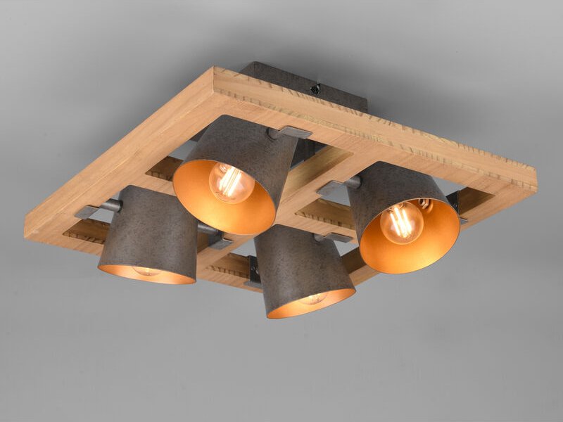 Led Deckenstrahler 4-flammig Silber antik & Gold mit Holz, Quadrat 39cm