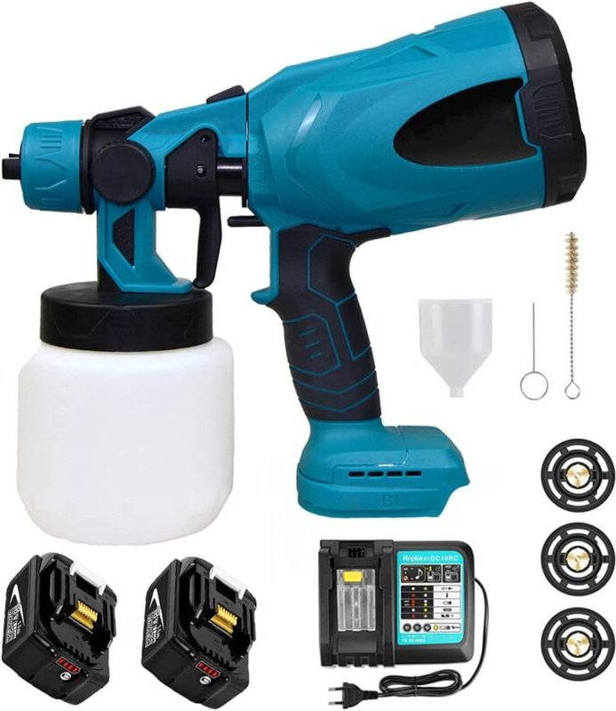 Akku Farbsprühsystem,mit 2x5500mAh Akku und DC18RC Ladegerät,Kompatibel mit Makita-Akku, Lackierpistole zum Streichen vo...
