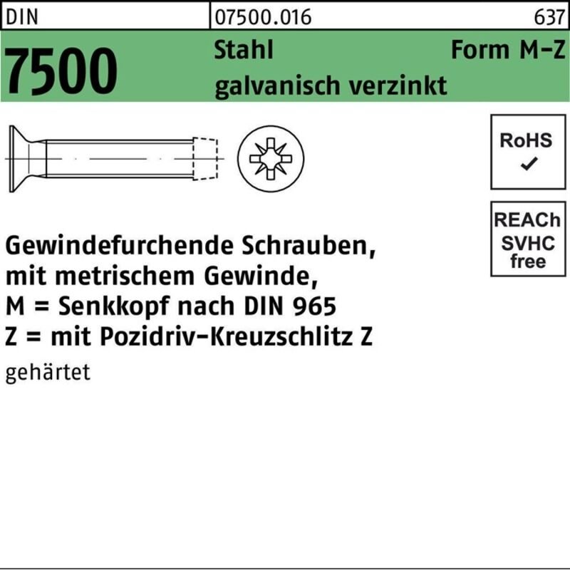 DIN 7500 Form M Gewindefurchende Senkkopfschraube VG M5x35 Stahl galvanisch verzinkt PZ 1000 Stk