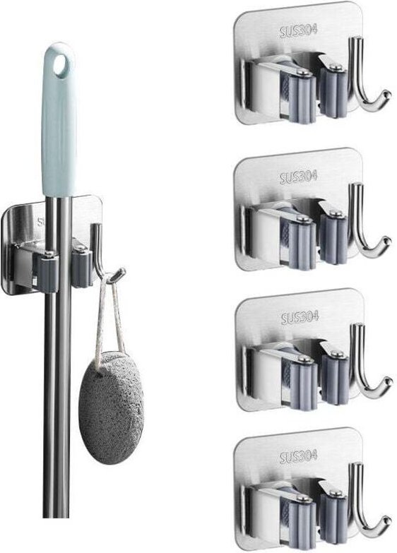 Accroche Balai Mural 5 Pièces, Porte Balais Mural sans Percage, Support Balais Mural Adhesif avec Crochet, Range Balai A...