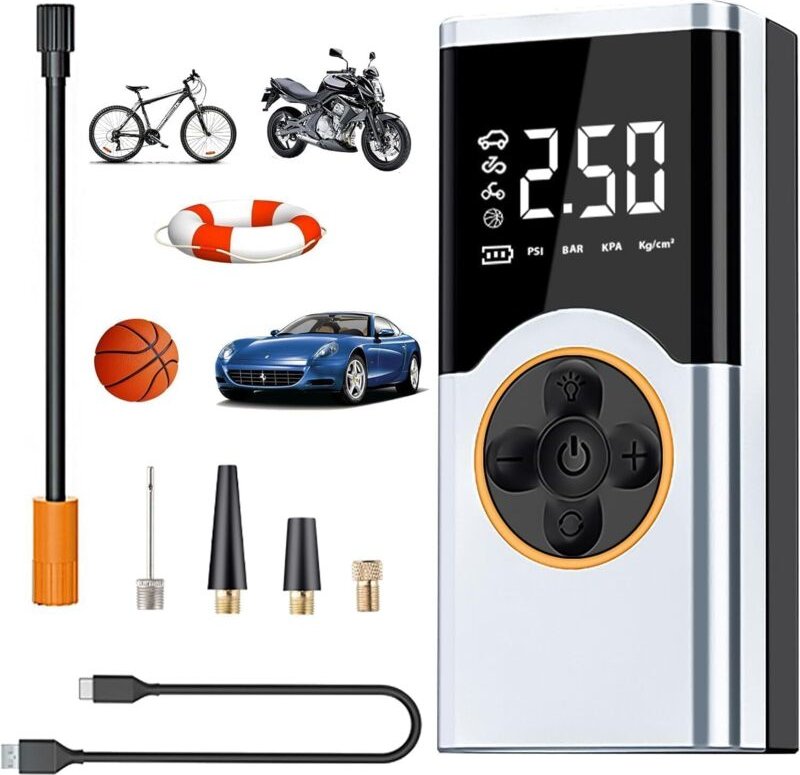 Kabelloser Reifenfüller 150 PSI, 4000 mAh, Digitalanzeige + LED, Fahrrad/Auto.