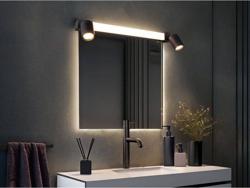 Meinewunschleuchte - led Bad Spiegelleuchte mit 2 Strahlern & Schalter, Schwarz Breite 60cm