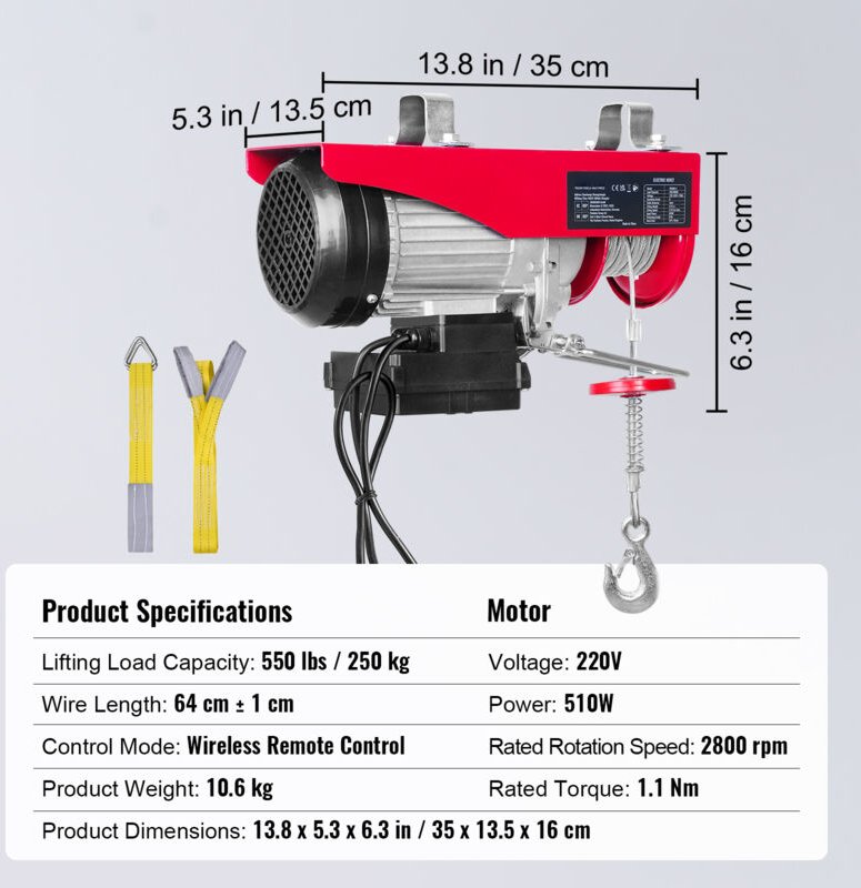 Mophorn - Electric Hoist, 550 lbs Hubkraft, 510W 220V Electric Steel Wire Winch, Wireless Remote Control, 40ft Single Ca...