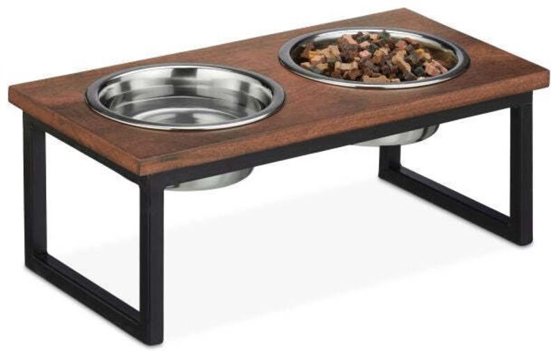 Raised dog bowl made from mango wood