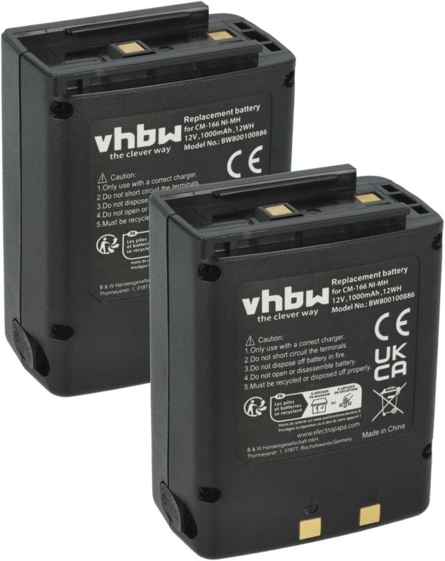 vhbw 2x Akku Ersatz für Icom BP-166, CM-166, CM-166S, CM-22A für Funkgerät, Walkie Talkie (1000 mAh, 12 V, NiMH)