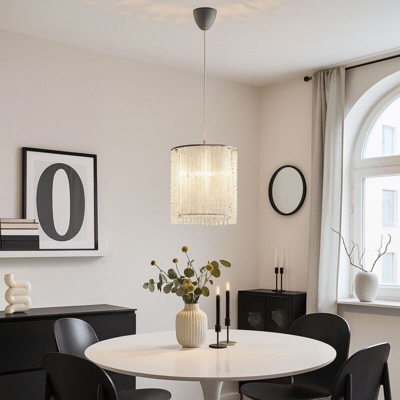 Hängeleuchte Kristalle Kristallleuchte Textilschirm Hängelampe mit Kristallbehang, Metall, 1x E27 Fassung, d 22,5 cm