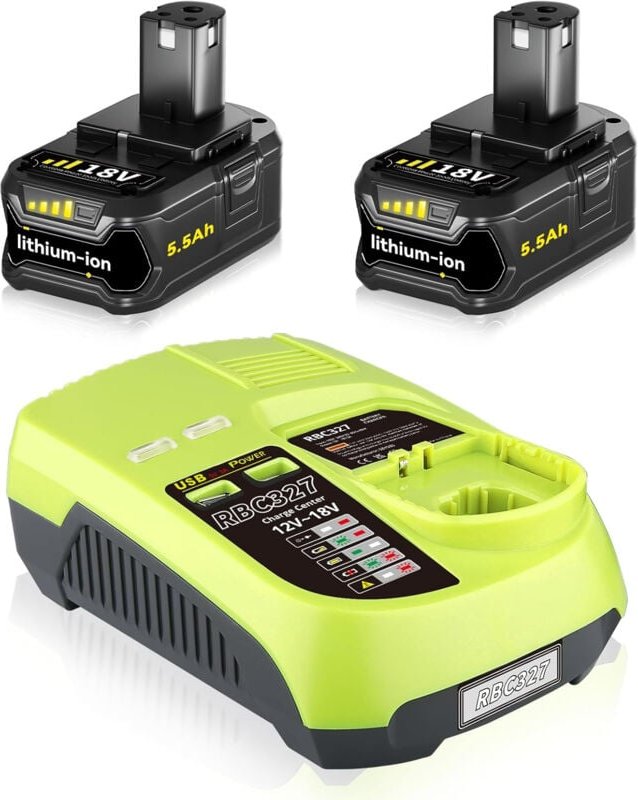 Thumbnail - 2er-Pack P108 18 V 5,5 Ah Lithium-Ersatzakkus & P117B 3 A Schnellladegerät mit USB-Anschluss, kompatibel mit Ryobi 18 V ...