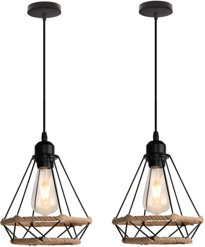 2er Pendelleuchte Hanf Seil Hängelampe mit Käfig Ø20cm Diamant Form Lampen im Industri Stil für für Wohnzimmer Esszimmer...