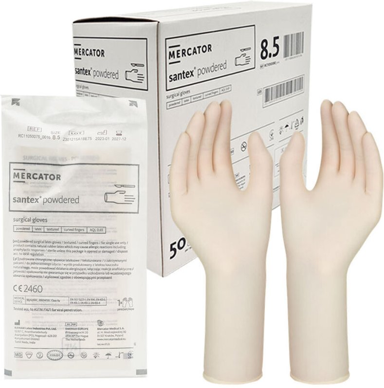 Mercator Santex gepuderte sterile Latex-OP-Handschuhe Größe 8,5, 50 Paar