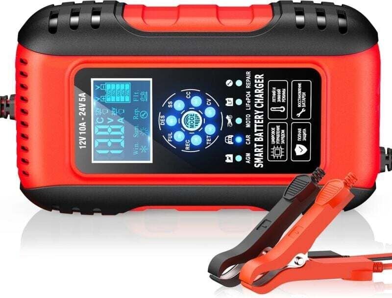 Lithium-Batterieladegerät, 12V/24V 10A Autobatterieladegerät mit LCD-Bildschirm, Erhaltungsladung mit Reparaturfunktion,...