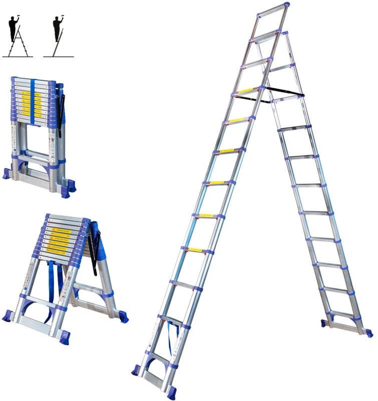 Teleskop-Trittleiter mit 12 Stufen EXTENDACT12, Teleskopleiter 3,5m+3,2m, faltbare Trittleiter, Stabilisator, Max. Arbei...
