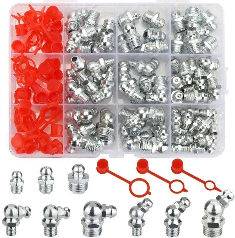 100-teiliges Sortiment an Schmiernippeln M6, M8, M10, Außengewinde, gerade/45°/90°/180°-Schmiernippel mit Hydraulik-Schm...