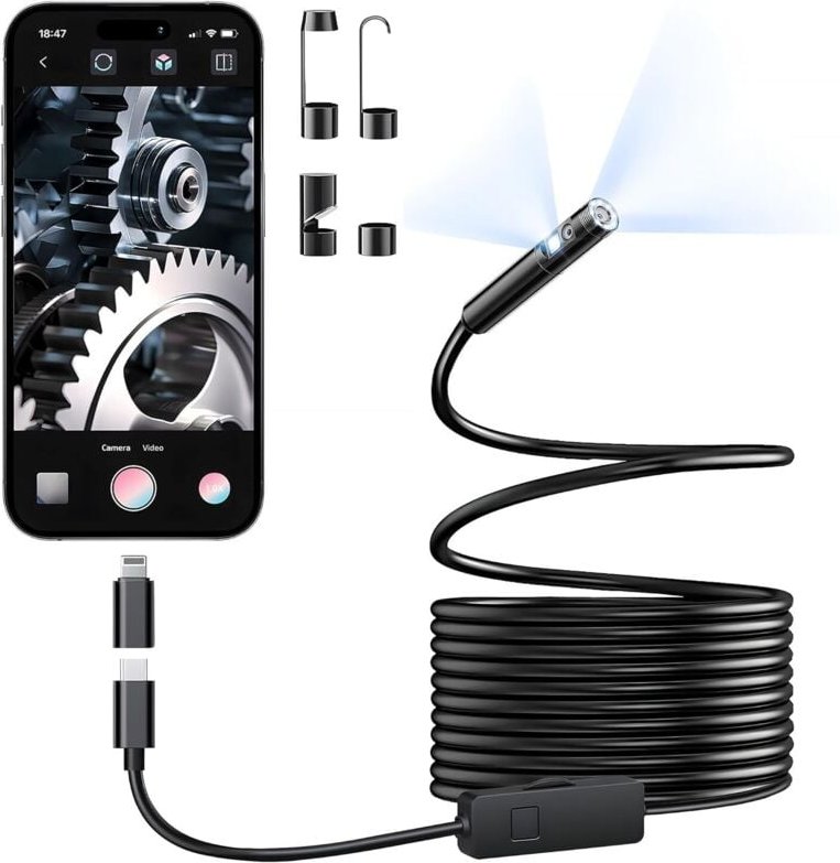 Endoskopkamera mit Doppelobjektiv und Beleuchtung, 1920P HD-Endoskop mit 8+1 einstellbaren LEDs, IP67 wasserdicht, 5 m l...