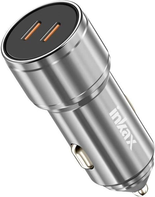 Zigarettenanzünder Ladegerät - Inkax - 60W - 2x USB-C - Schnelles Laden - Silbernes Metall-Design