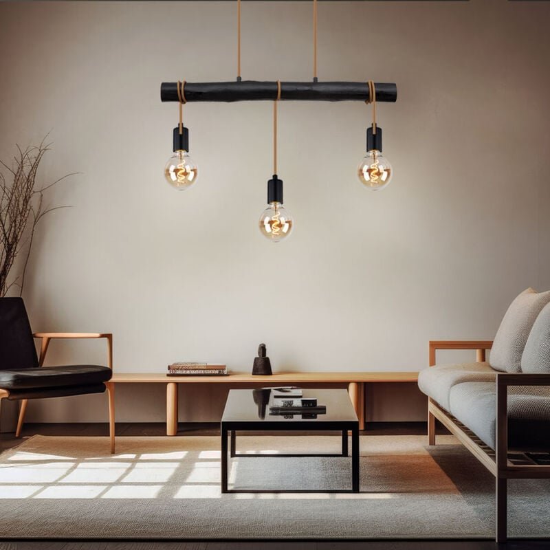 Hängelampe Esstisch Pendelleuchte schwarz Wohnzimmerlampe modern, Holzlampe 3-flammig Seil Höhe anpassbar, Metall, 3x E2...