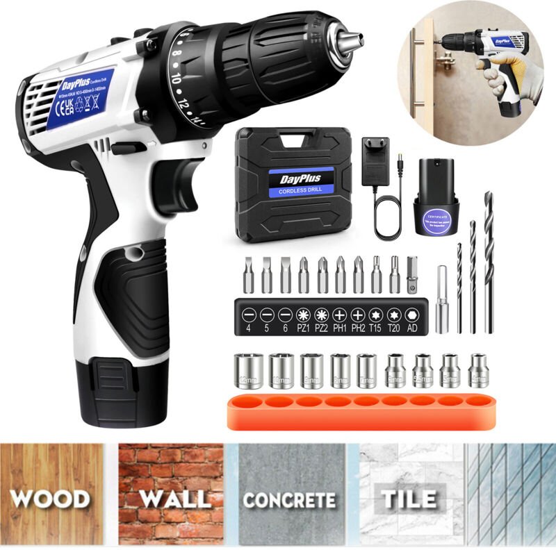 Dayplus - 2 in 1 Akkuschrauber Set Schlagbohrschrauber Bohrmaschine mit Akkus, Ladegerät