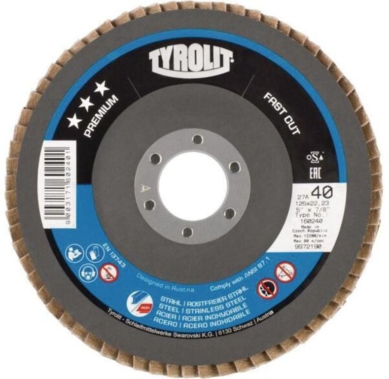 Fächerscheibe premium fastcut ø 125 mm Körnung 40 gekröpft Stahl, Edelstahl za - Zirkonkorund