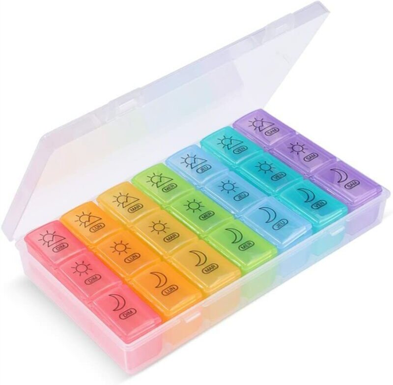 Wöchentliche Pillenbox, Französisch, 7 Tage, 21 Fächer, 3-malig, mehrfarbig