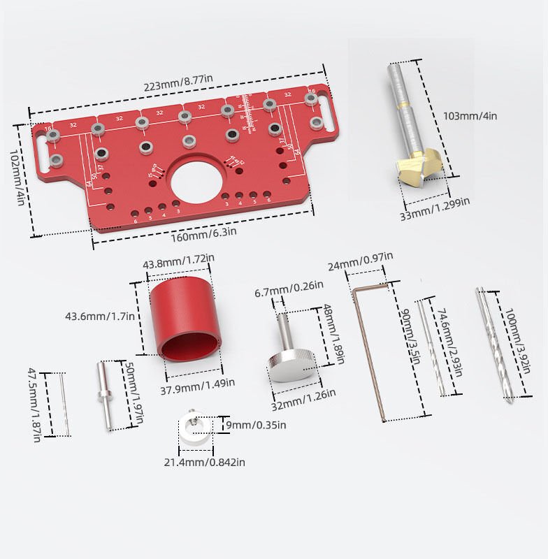 2-in-1-Bohrschablone und Scharniervorrichtung aus Aluminiumlegierung für präzises Positionieren von Löchern, inklusive 4...