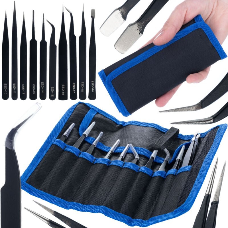 Ein Set mit 10 Präzisionspinzetten in einem Etui