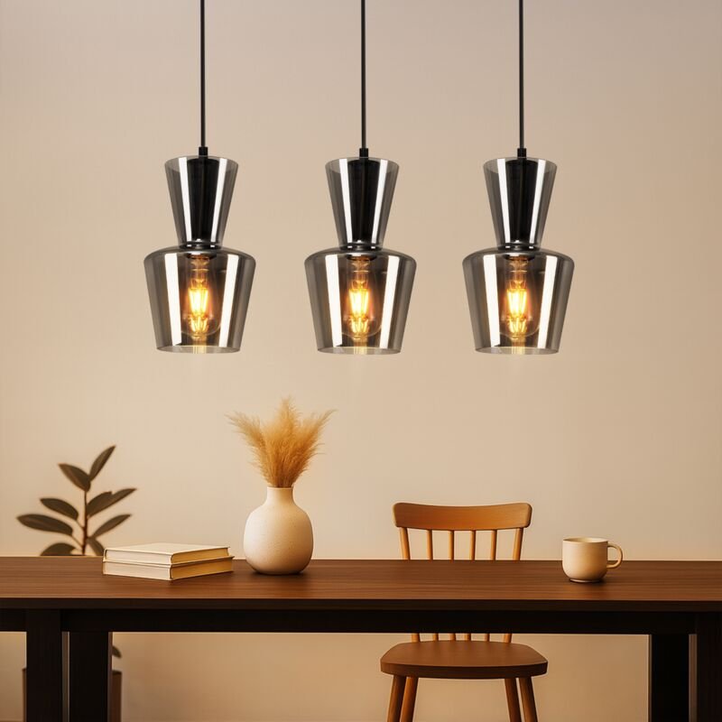 Pendelleuchte Esstisch Küchenlampe Hängend - Hängelampe Wohnzimmer E27 Esstischlampe Rauchgrau Hängeleuchte 3 Flammig Gl...