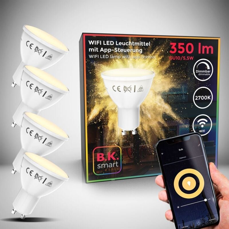 B.k.licht - led Leuchtmittel GU10 4er Set - 5,5W, 350lm, smart, dimmbar, 2700K, weiß