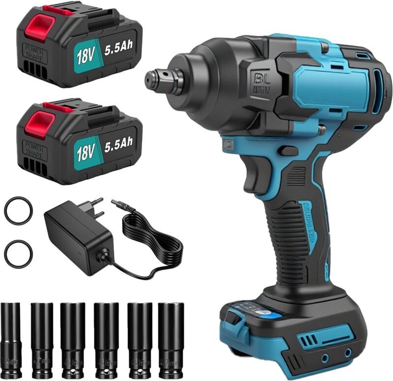 Akku-Schlagschrauber mit 1000 Nm Drehmoment, bürstenlosem Motor, zwei 5,5-Ah-Akkus, sechs Steckschlüsseleinsätzen, 3300 ...