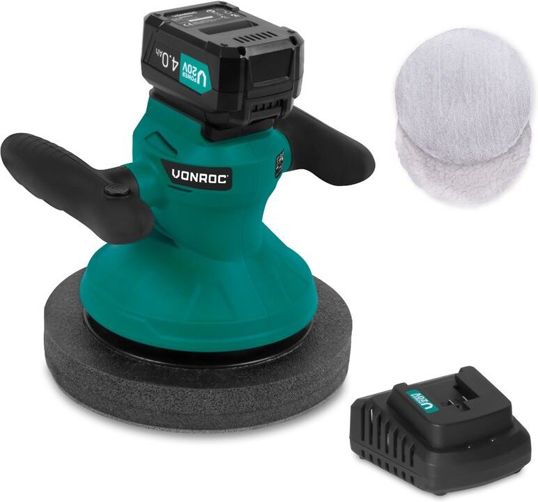 Vonroc - Poliermaschine 20V - Ø240mm - Inkl. 2 Polierhauben - Inkl. 4.0Ah Akku und Schnellladegerät