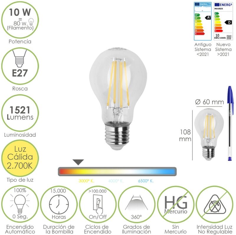 Maurer - Bombilla Led Filamento Standar Rosca E27. 10 Watt. Equivale a 80 Watt. 1521 Lumenes. Luz Calida 2700º k.