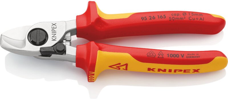 KNIPEX 95 26 165 SB Kabelschere mit Öffnungsfeder isoliert mit Mehrkomponenten-Hüllen, VDE-geprüft verchromt 165 mm