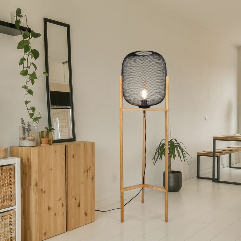 Stehleuchte Holz Wohnzimmerlampe stehend Holz Stehlampe Käfig, Metall, 1x E27 Fassung, DxH 38x122 cm