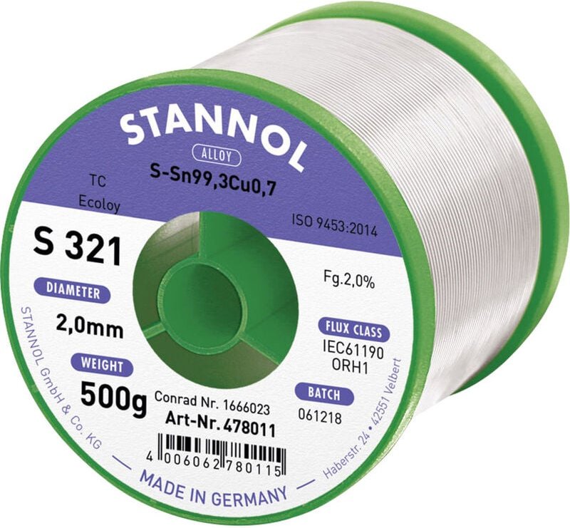 S321 2,0% 2,0MM SN99,3CU0,7CD 500G Lötzinn, bleifrei bleifrei, Spule Sn99,3Cu0,7 ORH1 500 g - Stannol
