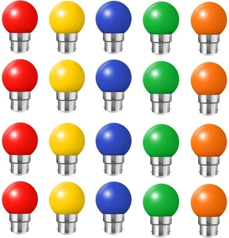 Jalleria Packung mit 20 B22 2W LED-Glühbirnen in den Farben Rot, Gelb, Orange, Grün und Blau.